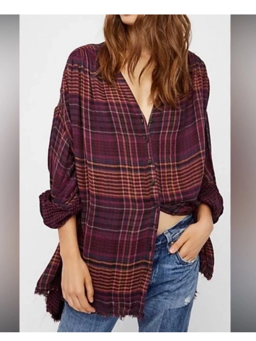 Free People Come On Over Tunic Purple Orange Plaid Raw Hem Gauze boho top Small
